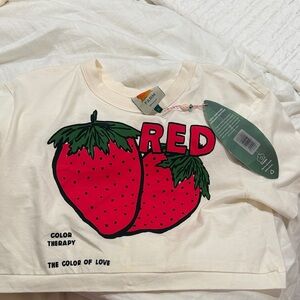 FARM Rio Cream Tee with Bold Red Strawberry Graphic